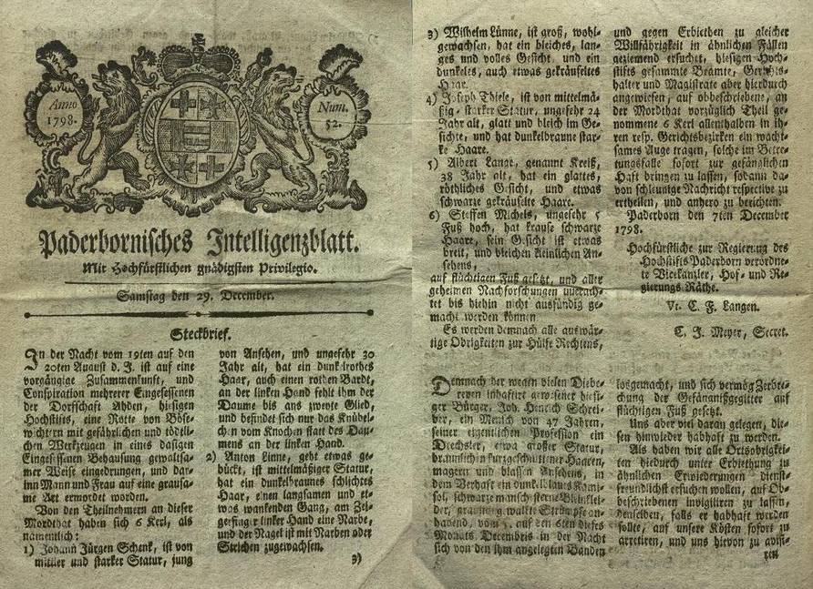 Steckbrief aus Paderbornerisches Intelligenzblatt Nr. 5 vom 29. Dezember 1798